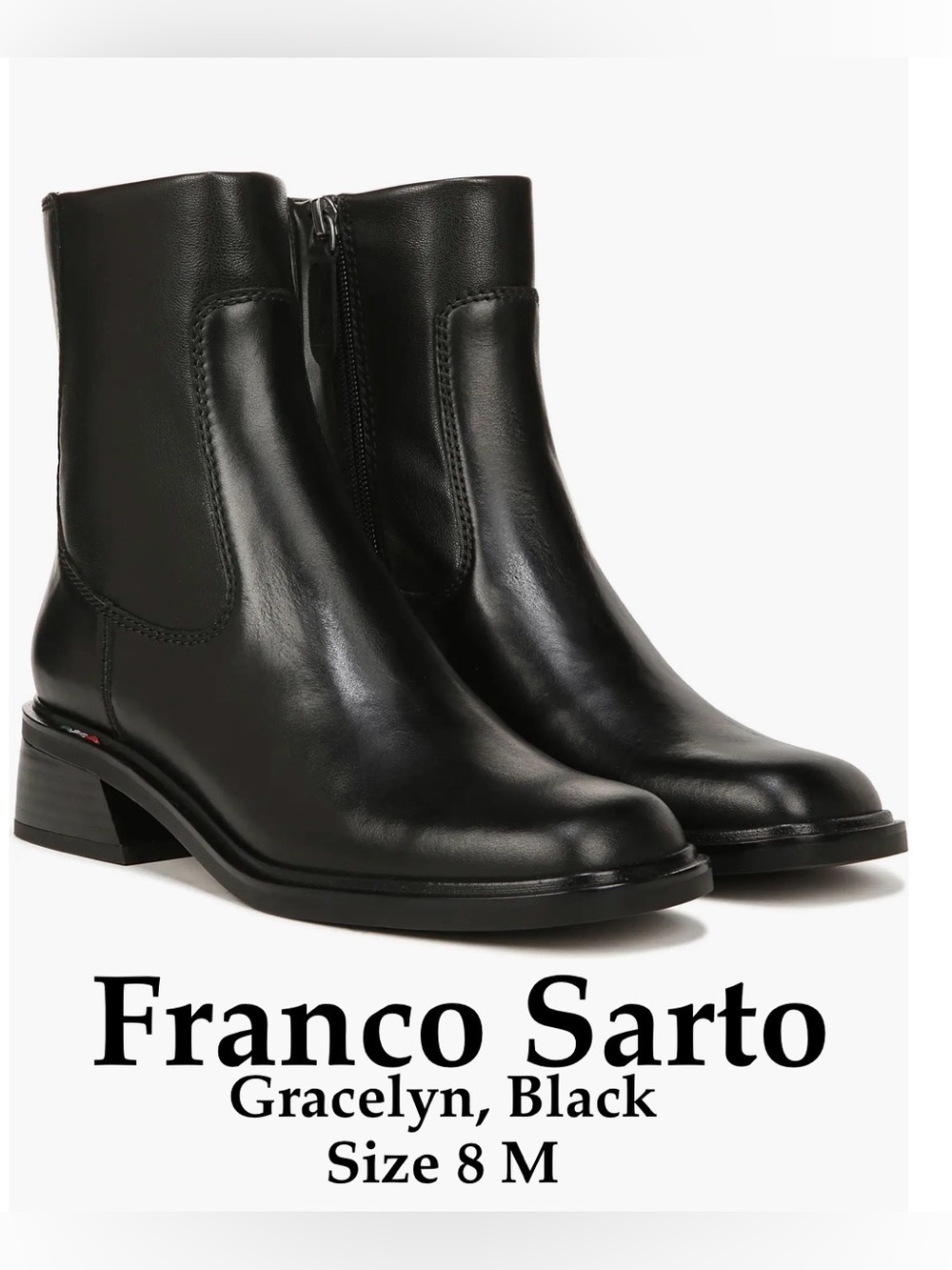 NWT Franco Sarto Gracelyn Blk Leather Square Toe Low Block Heel Ankle Boots, 8M